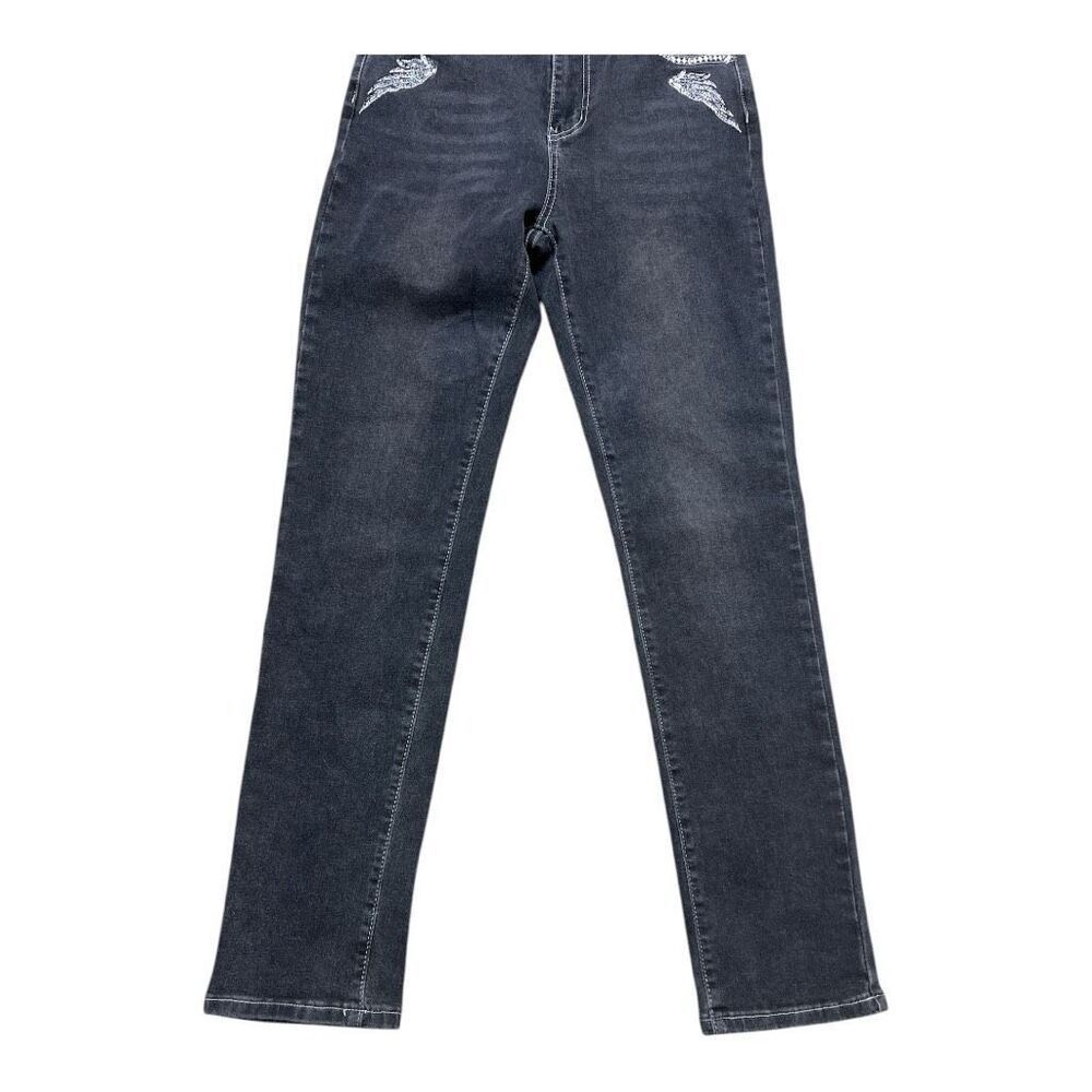 Women Grey Skull Wings Rhinestone Embroidered Stretch Denim Straight Jeans M - Picture 7 of 10